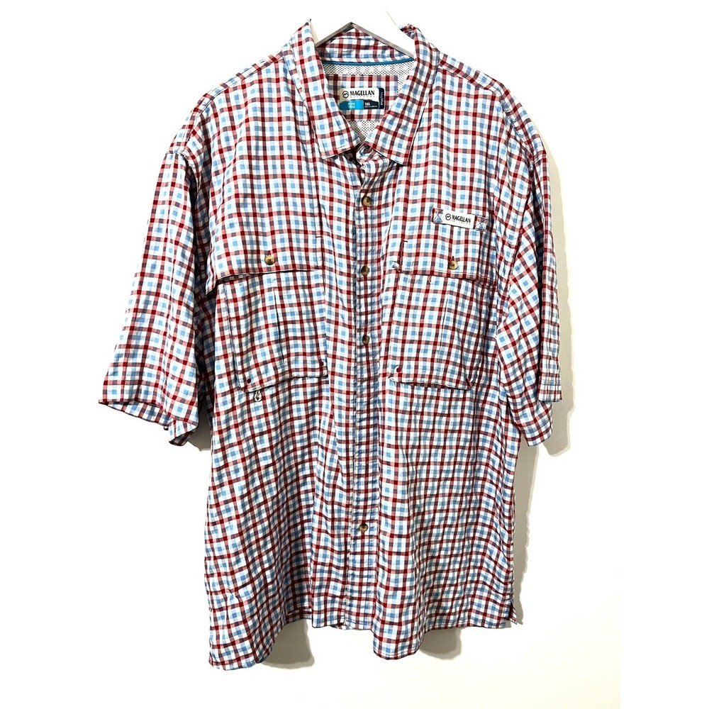 MAGELLAN Blue Red White Gingham Button Down Excellent‎ PFG Fishing SS 3XL